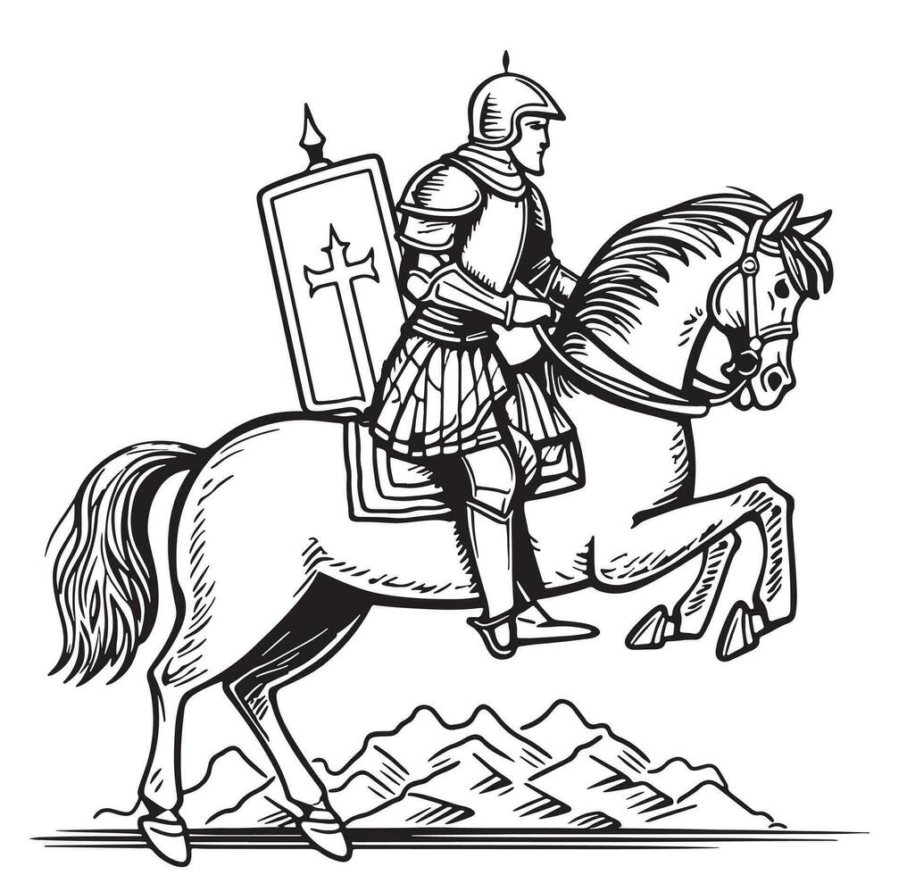 Caballero en lado de caballo bosquejo mano dibujado heráldica vector ilustración