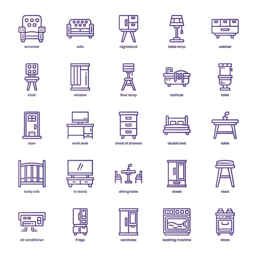 Furniture icon pack for your website design, logo, app, and user interface. Furniture icon basic line gradient design. Vector graphics illustration and editable stroke.