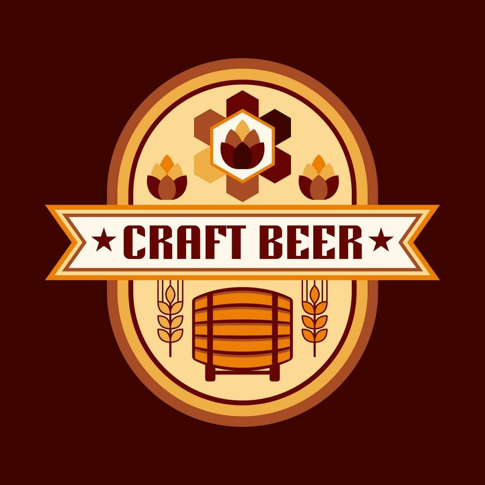 Beer logo in simple geometric style with barrel, barley spikes, hop cone. Icons, geometric shapes. Good for branding, decoration of food package, cover design, decorative prints vector