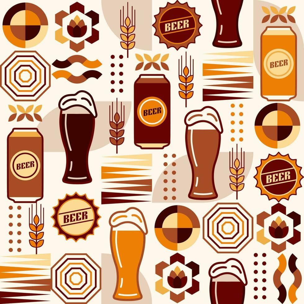 Seamless pattern with icons of beer glasses, beer can, abstract geometric shapes on white background. Good for branding, decoration of beer package, cover design, decorative print vector
