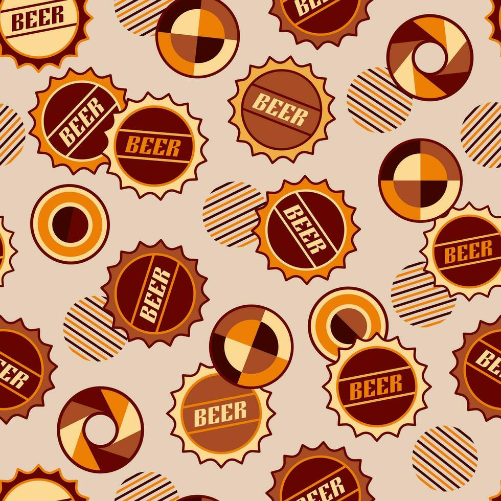 Seamless pattern with scattered bottle beer caps, circular abstract geometric shapes on white background. Good for branding, decoration of beer package, cover design, decorative print. Bauhaus style vector