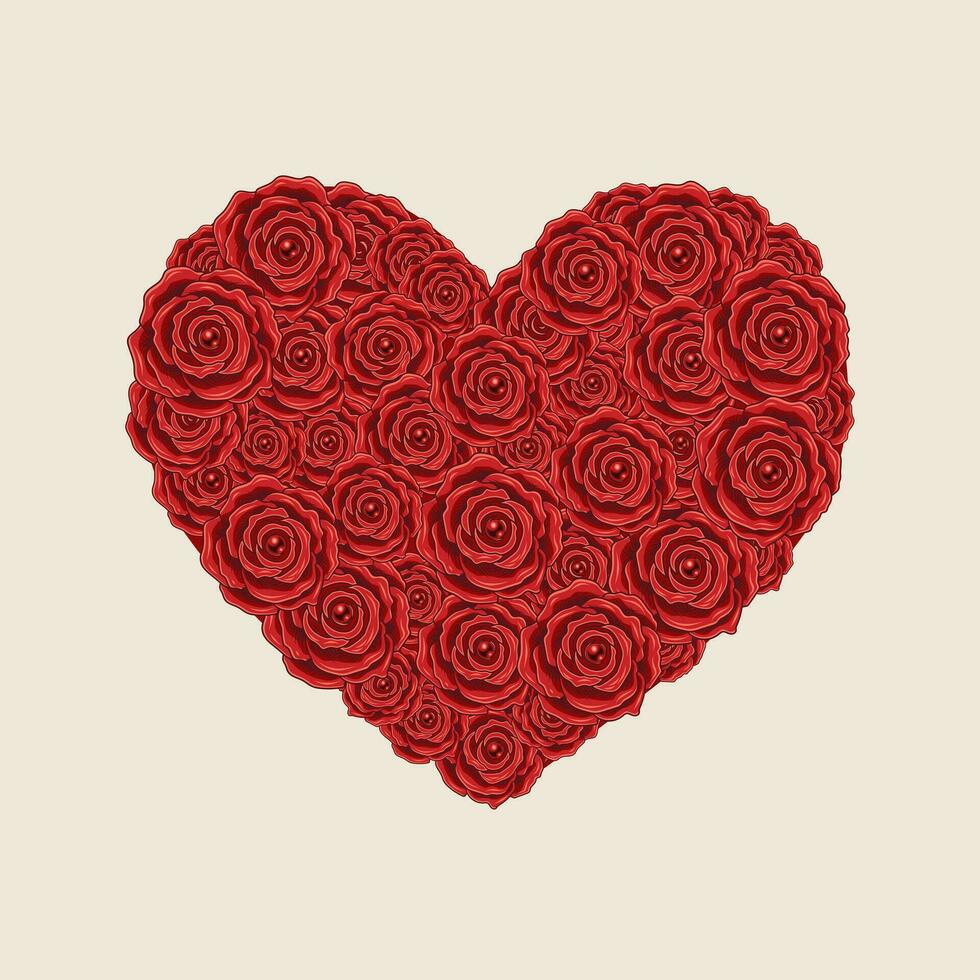 Heart made of red roses with beads on white background. Holiday design element for Happy Valentines day, Save the date greeting card, wedding, engagement event. vector