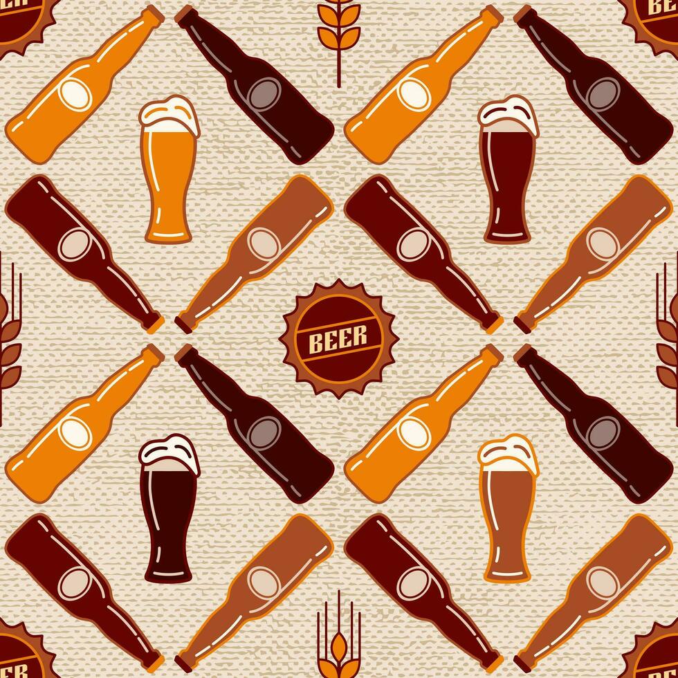 Seamless pattern with icons of beer bottle, cans, beer drink glasses, barley spikes on jute textured background. For branding, decoration of beer package, decorative print. Simple flat style vector