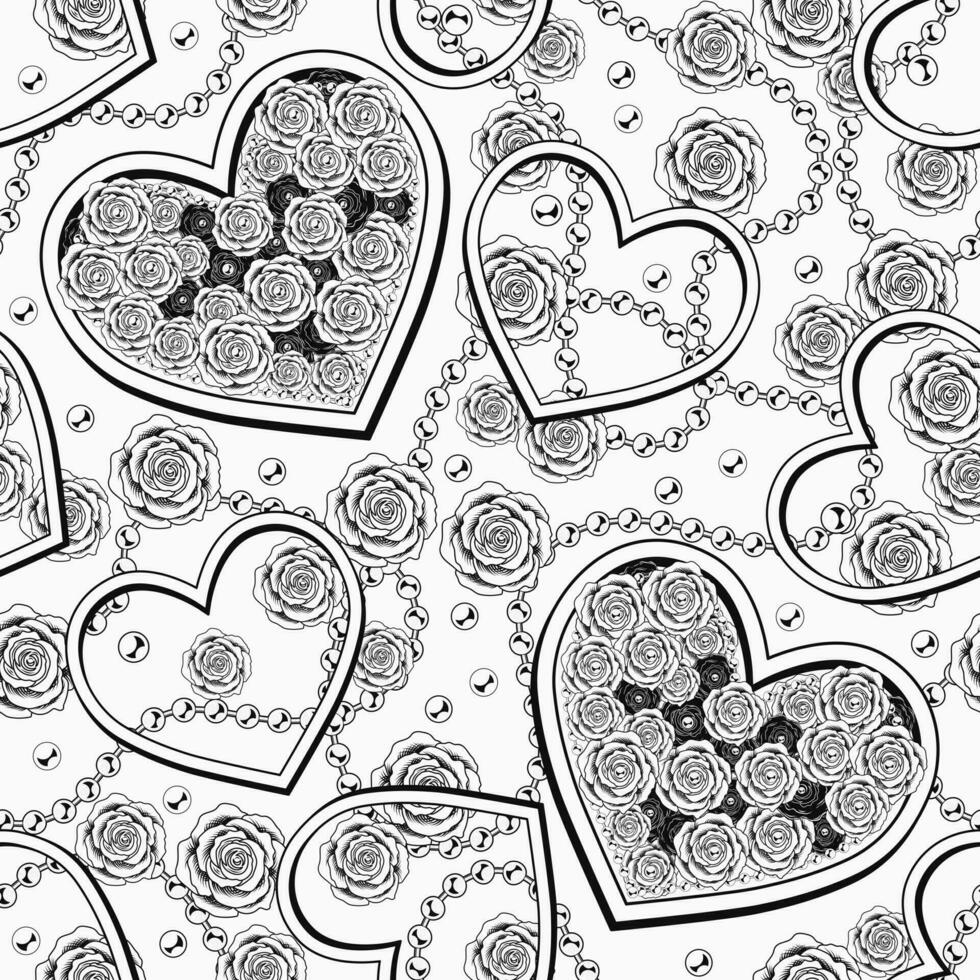 Valentines day monochrome seamless pattern with hearts, rose flowers, confetti, bead strings. For wedding, engagement event, Valentines Day, gift decoration. Vintage style vector