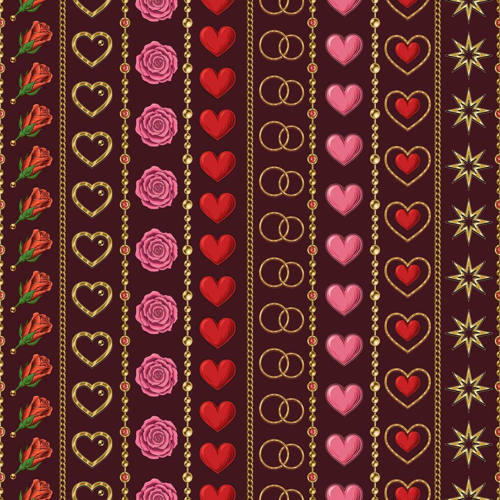 Valentines day seamless pattern with holiday objects and symbols, strings of beads. Geometric pattern with vertical stripes on dark background. Vintage illustration for prints, wrap, wrapping paper vector