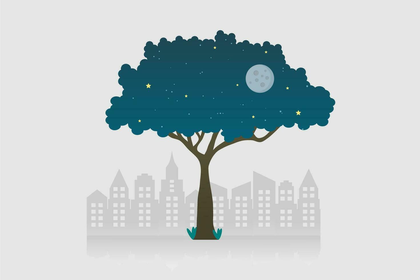 un árbol con estrellado noche cielo y ciudad en antecedentes. vector ilustración.