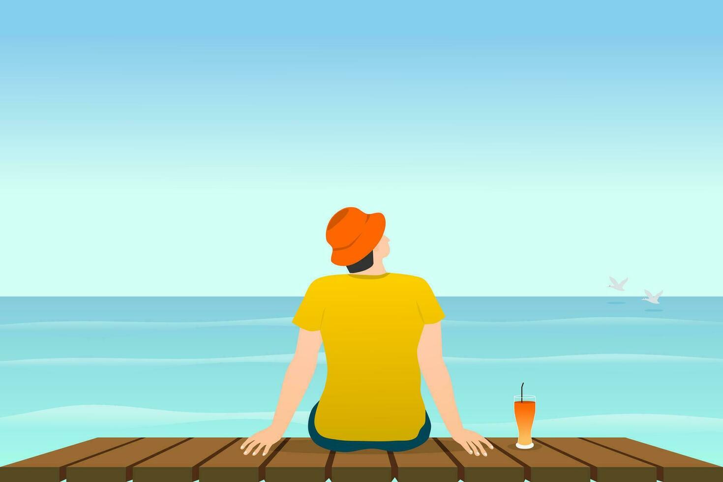 espalda ver de un hombre sentado en de madera cubierta con Oceano vista. vector ilustración.