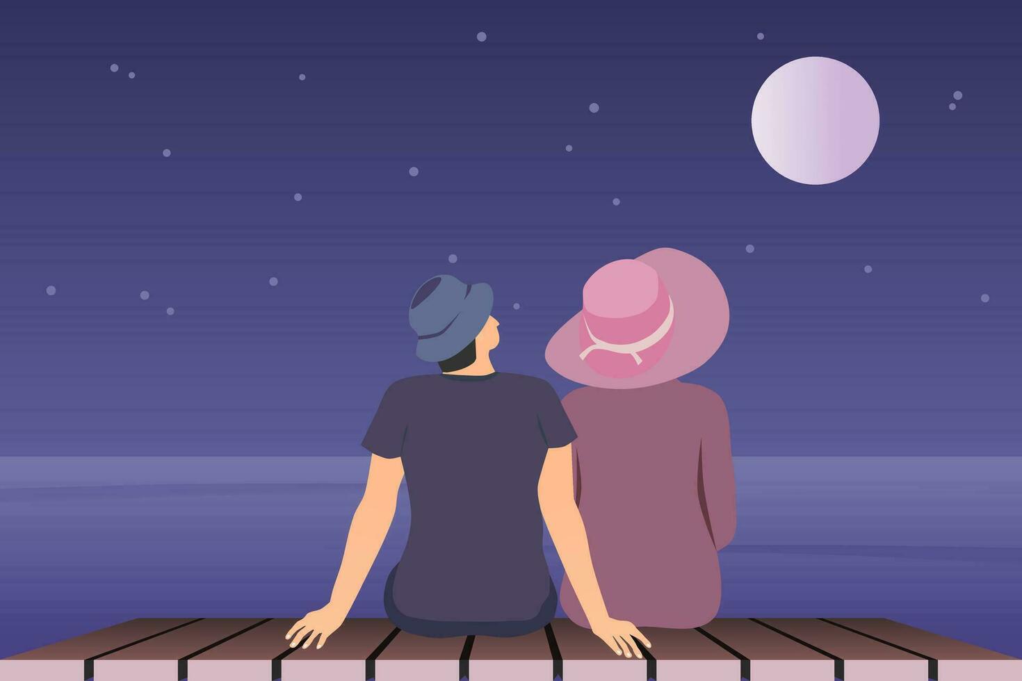 espalda ver de hombre y mujer sentado en de madera cubierta con Oceano ver a noche. Pareja en amor. vector ilustración.