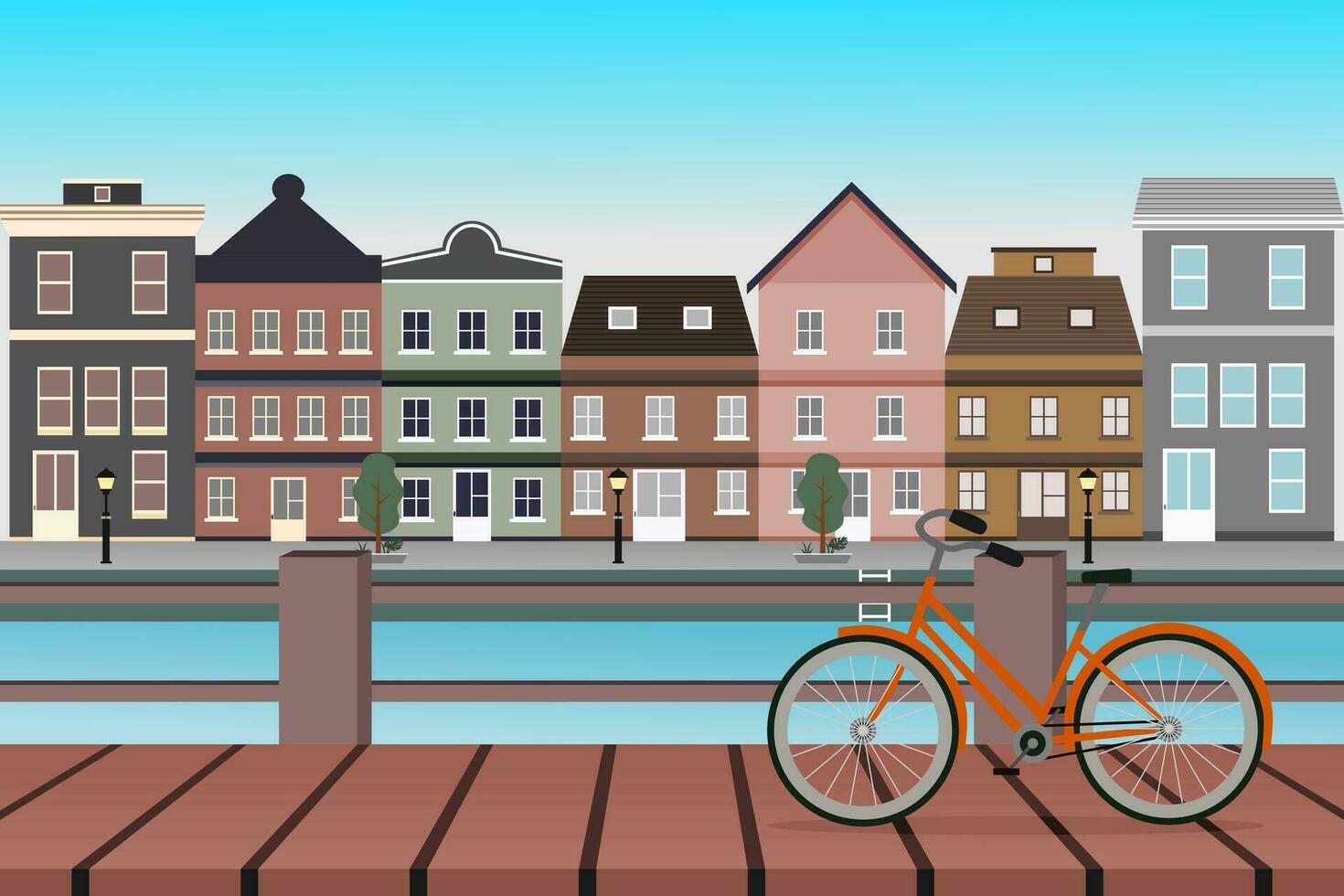 Amsterdam cityscape with ancient houses, water canals, bridge, and bicycles. Vector illustration.