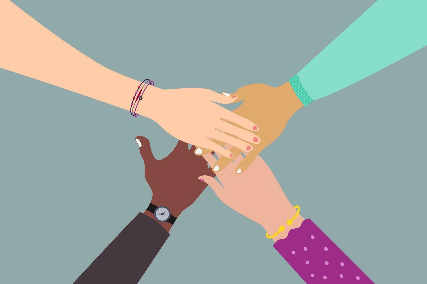 Multicultural people holding hands. Hands in a circle. Volunteer people group concept. Vector illustration.