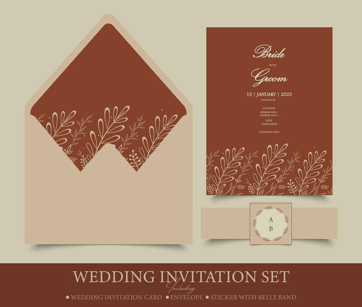 elegante Boda invitación conjunto modelo. conjunto de Tres vector plantillas incluye un Boda invitación tarjeta, un sobre y un pegatina.