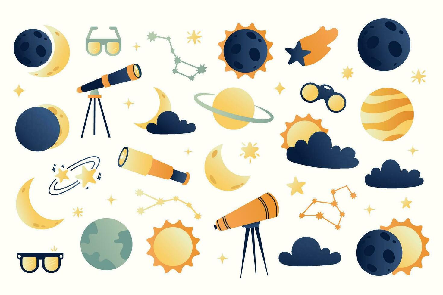 Set of cute solar eclipse in flat cartoon style vector