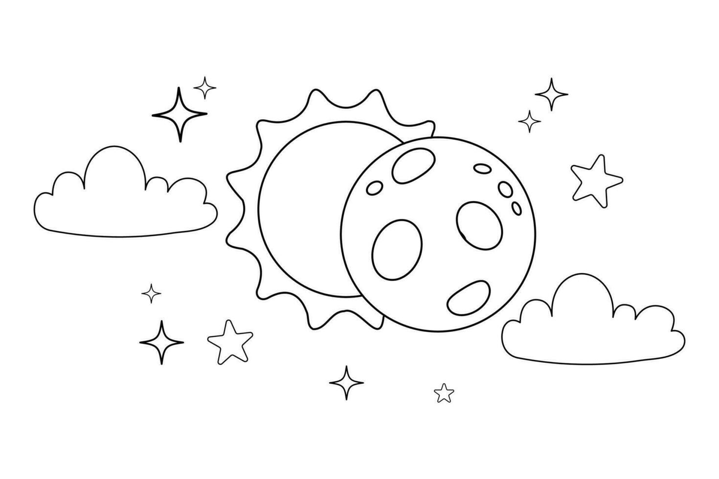 Illustration outline of solar eclipse in flat cartoon style vector