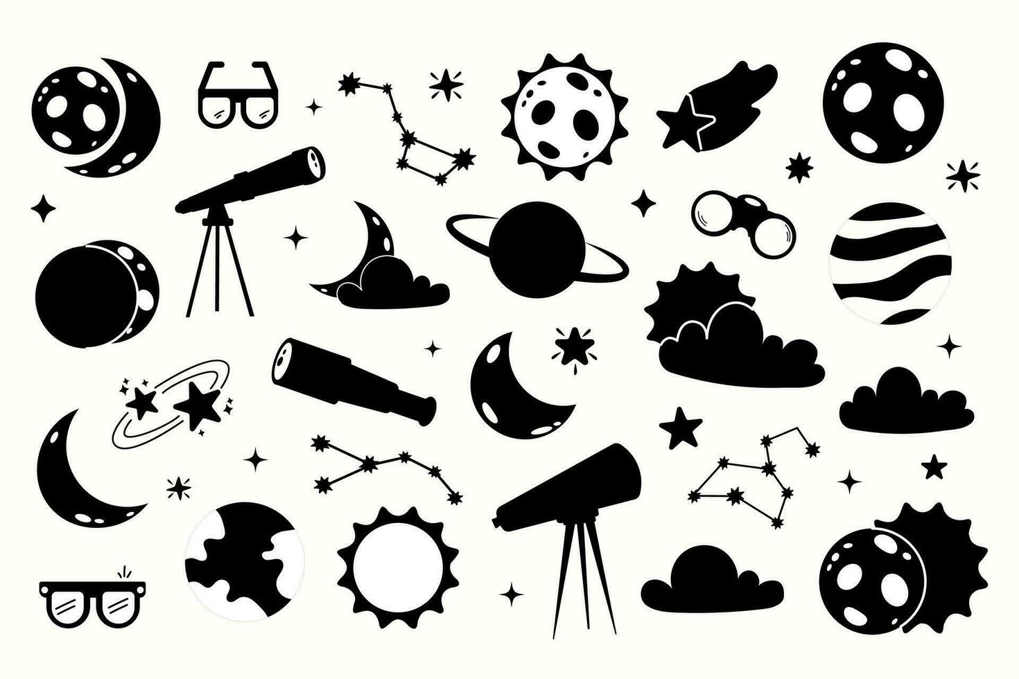Set of silhouette cute solar eclipse in flat cartoon style vector