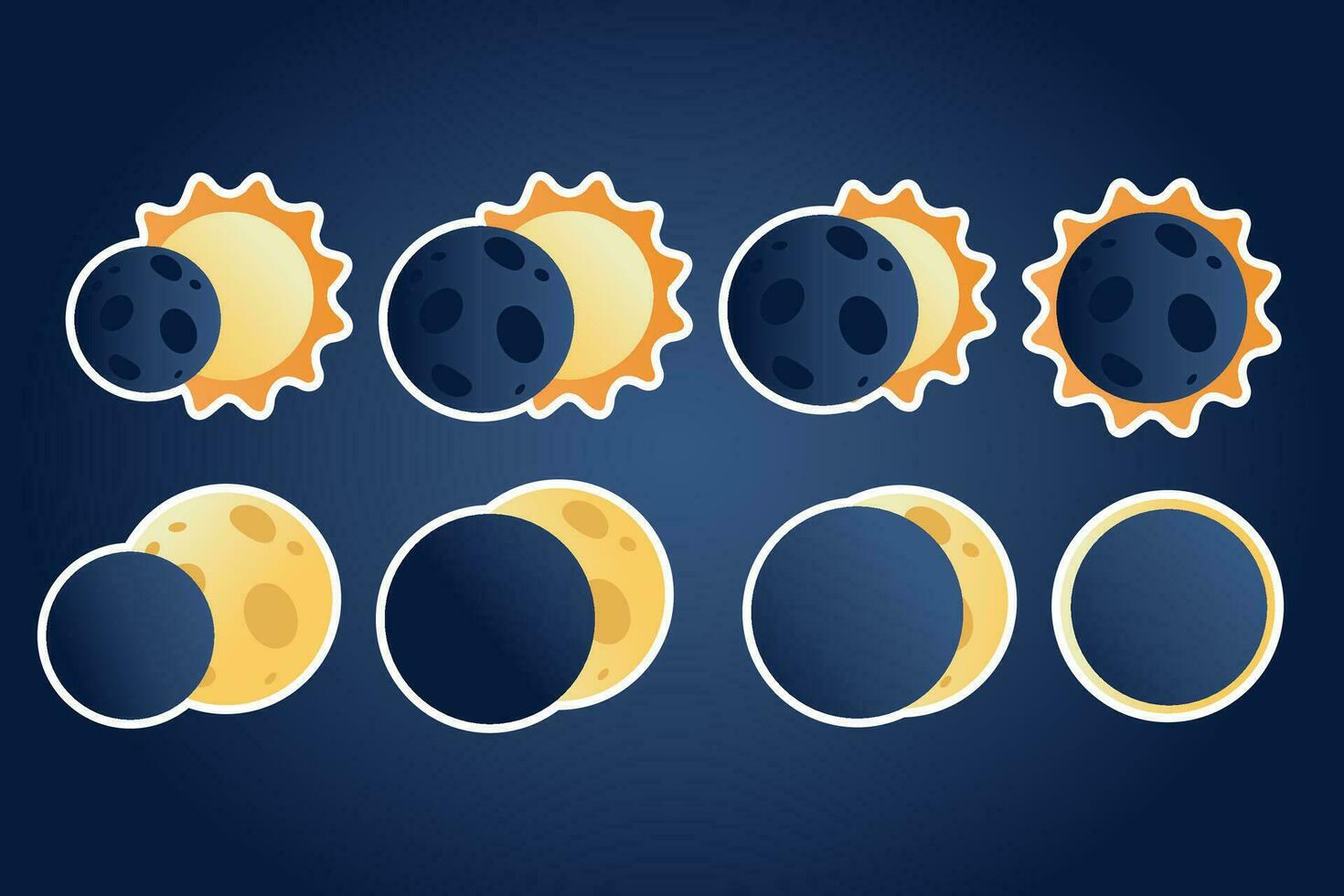 Solar, lunar eclipse stickers in flat cartoon style vector