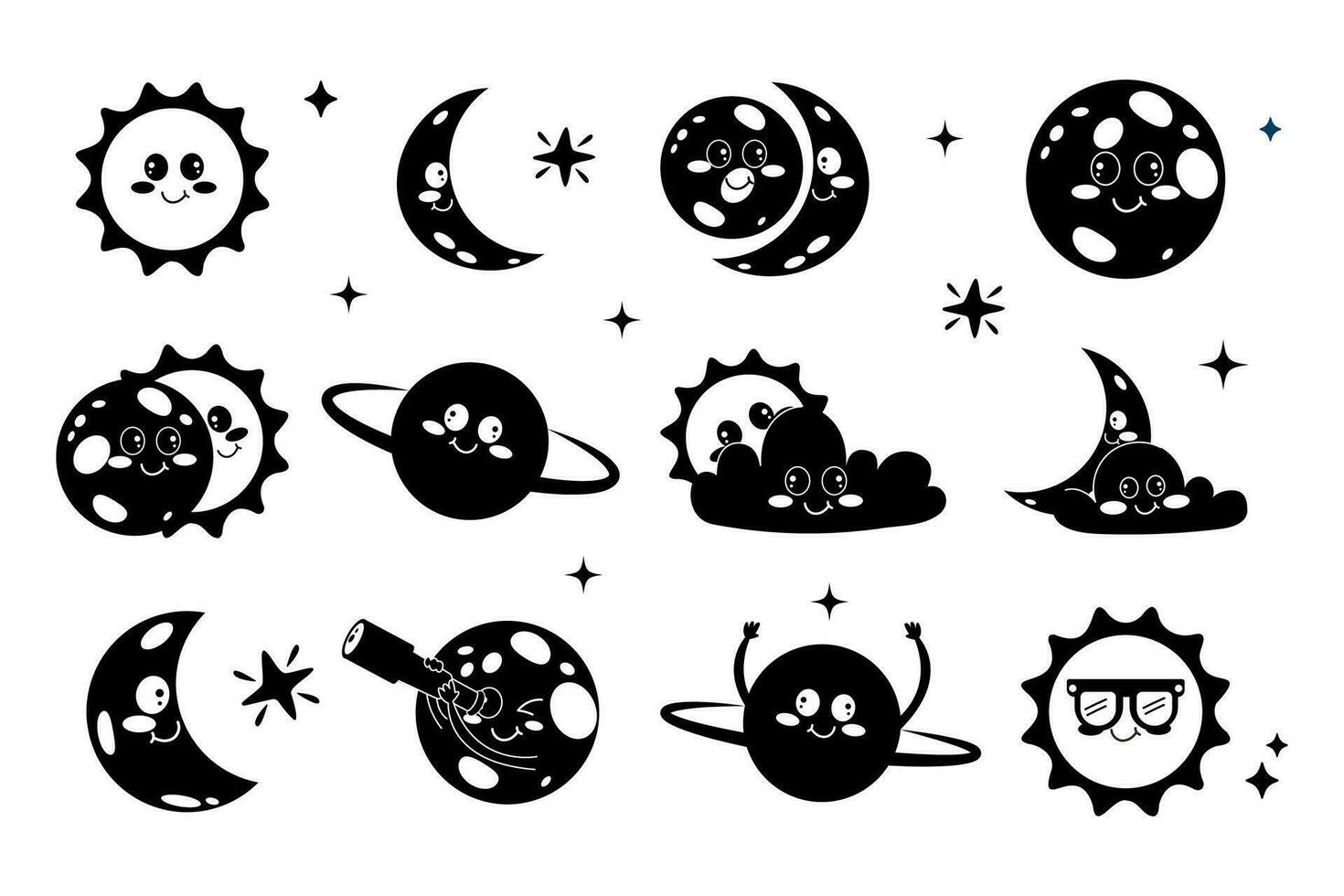 Set of  silhouette kawaii solar eclipse elements in flat cartoon style vector
