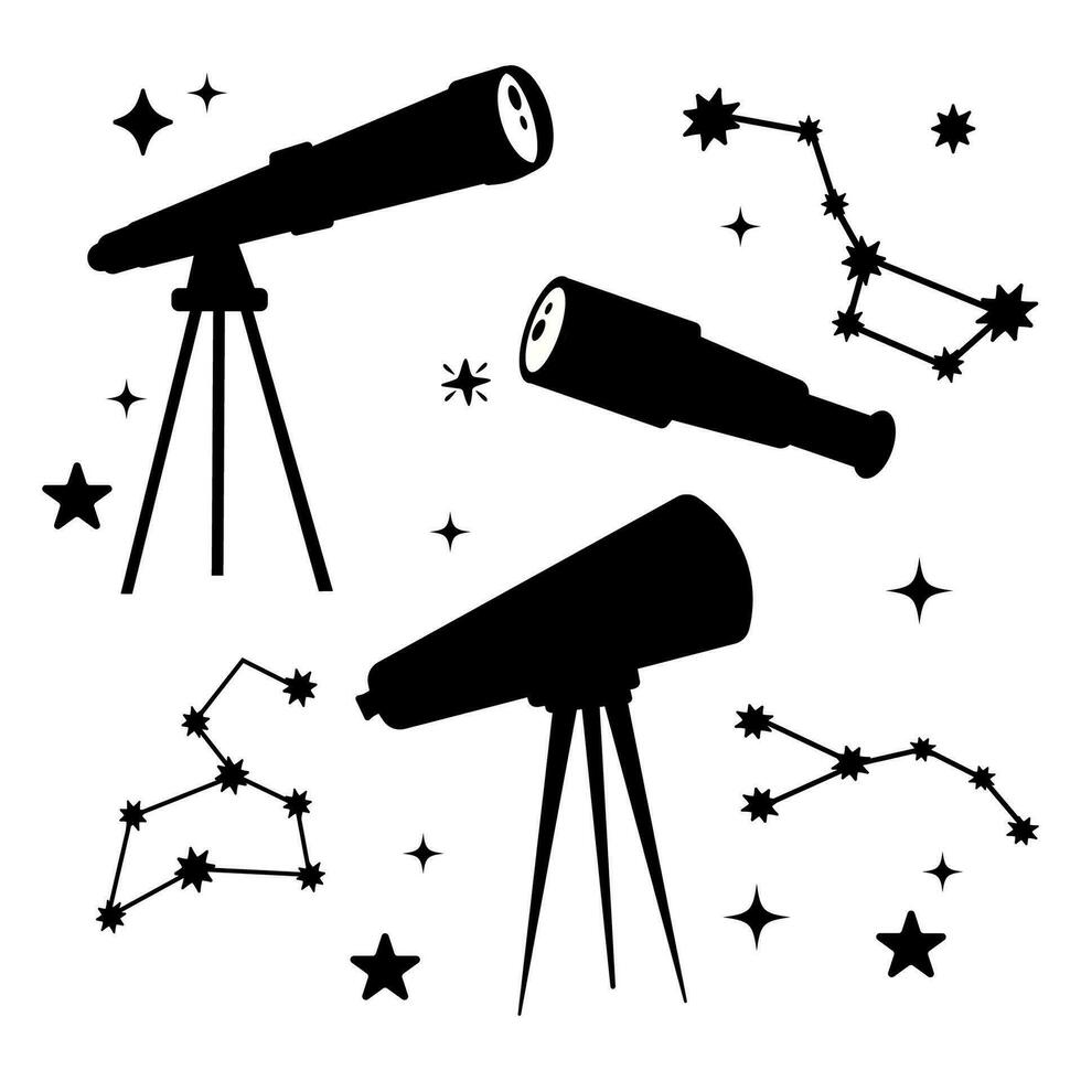 Set of silhouette telescopes in flat cartoon style with stars vector