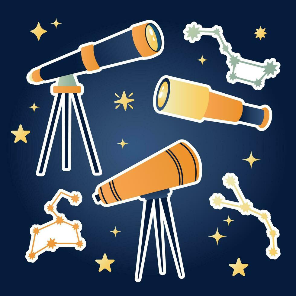 Set of stickers telescopes in flat cartoon style with stars vector