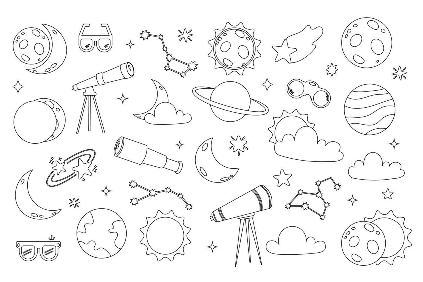Set of outline cute solar eclipse in flat cartoon style vector