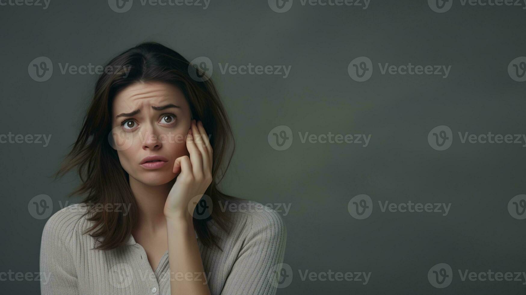 AI generated Worried Woman on Minimalist Background with Copy Space. Worry, Confused, Stressed photo