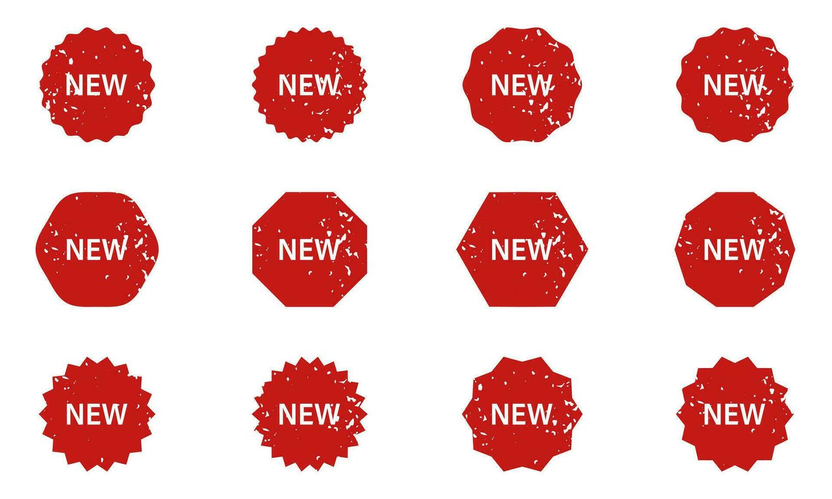 New Product Tag Set. Advertising Rubber Stamp. Price Offer Grunge Badge. Special Discount Red Stickers in Different Shapes. Sale Offer Label. Promotion Symbol Collection. Isolated Vector Illustration.