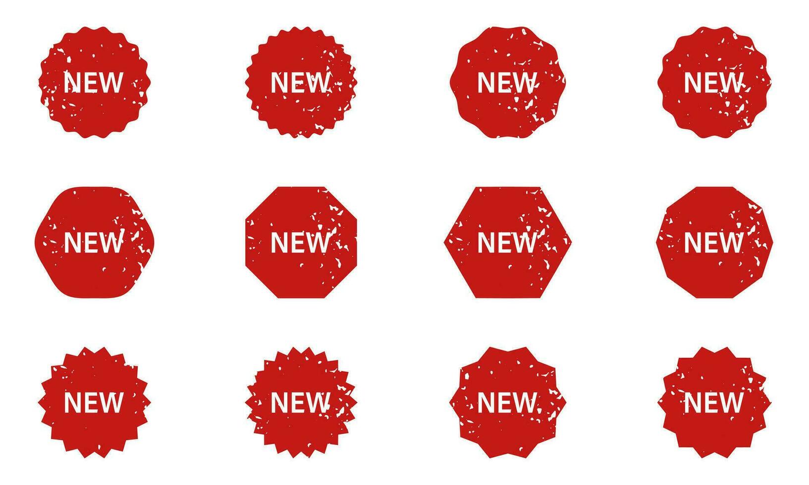 New Product Tag Set. Advertising Rubber Stamp. Price Offer Grunge Badge. Special Discount Red Stickers in Different Shapes. Sale Offer Label. Promotion Symbol Collection. Isolated Vector Illustration.