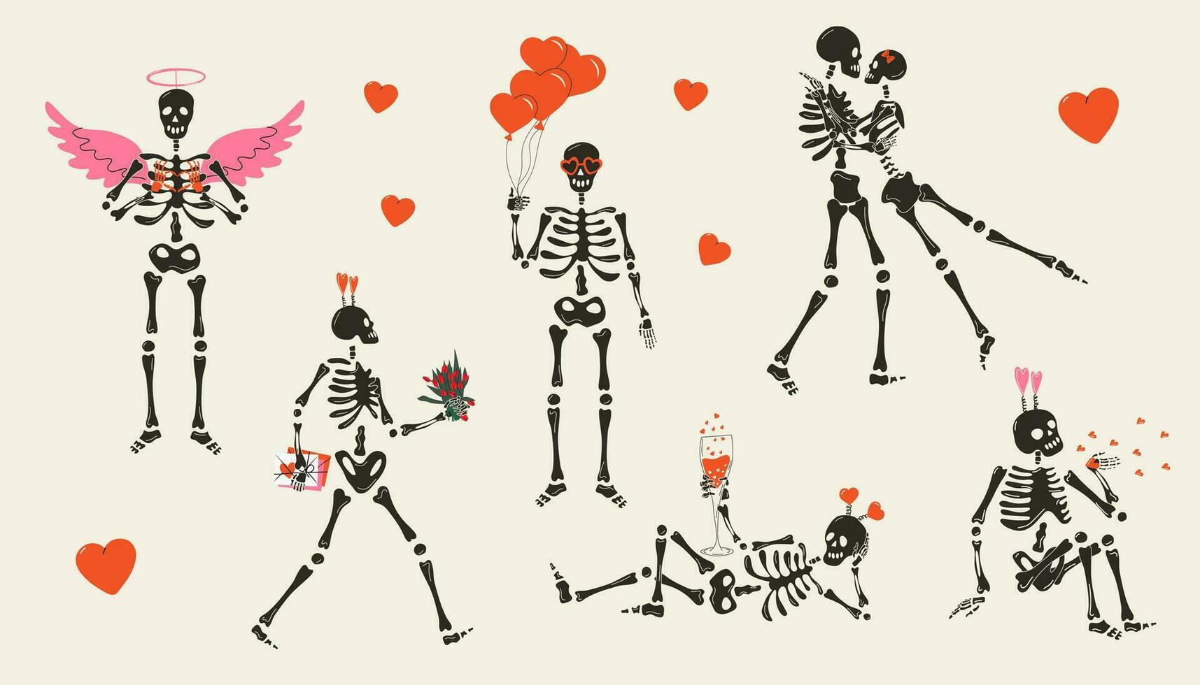 Set of Funny Skeletons with decor for Valentine's day. Cute character Skeleton Bones vector