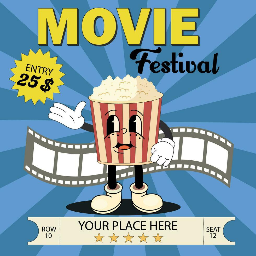 Cinema movie film festival poster design background with cute popcorn character. Movie theatre screenings, video studio vector vintage banners with cinema camera on tripod, film reel and clapper.