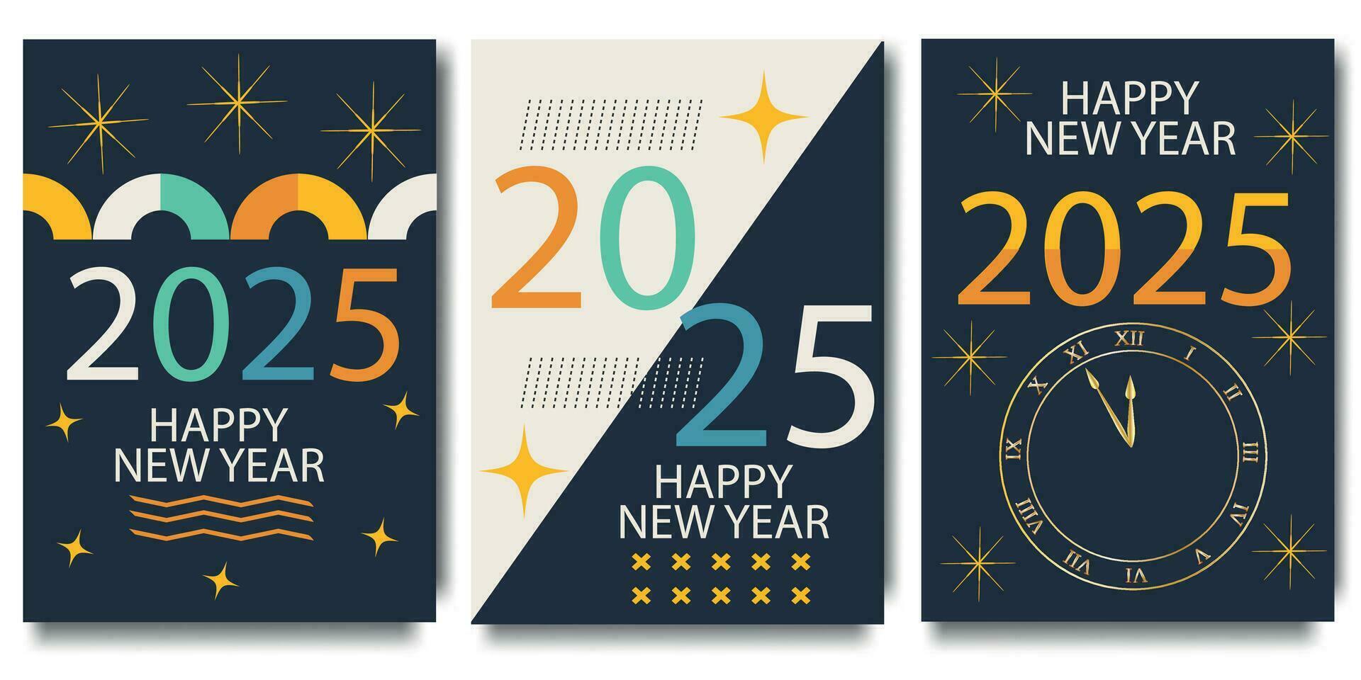 contento 2025 nuevo año saludo tarjeta colocar. diseño modelo festivo tipográfico póster, bandera o saludo tarjeta con geométrico formas y cifras contento nuevo año. vector ilustración.