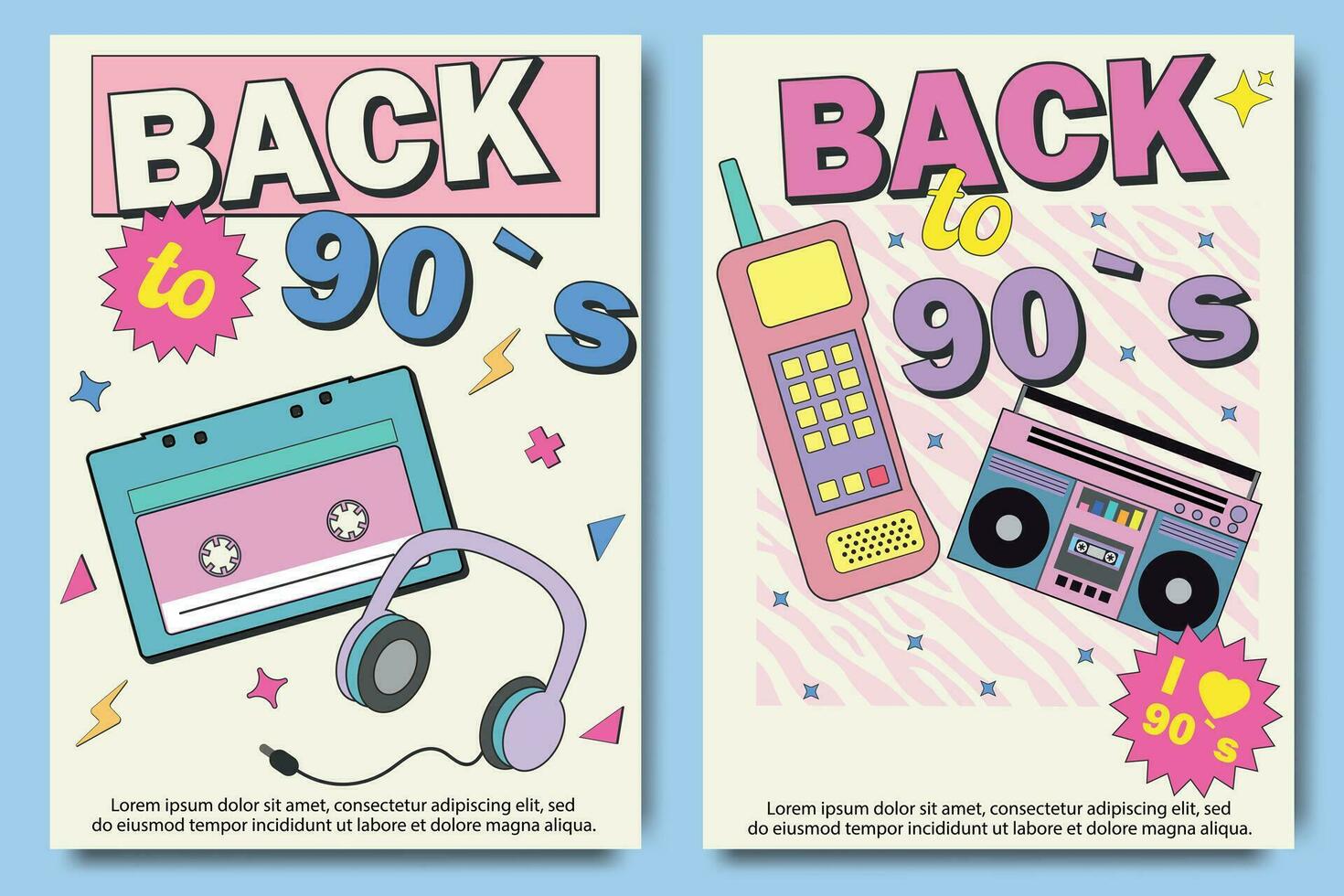 Back to 90s posters set. 90's graphic design template. Poster templates with happy nineties symbols, neo brutalism, gamepad and devices, headphones and other retro pop culture signs. vector