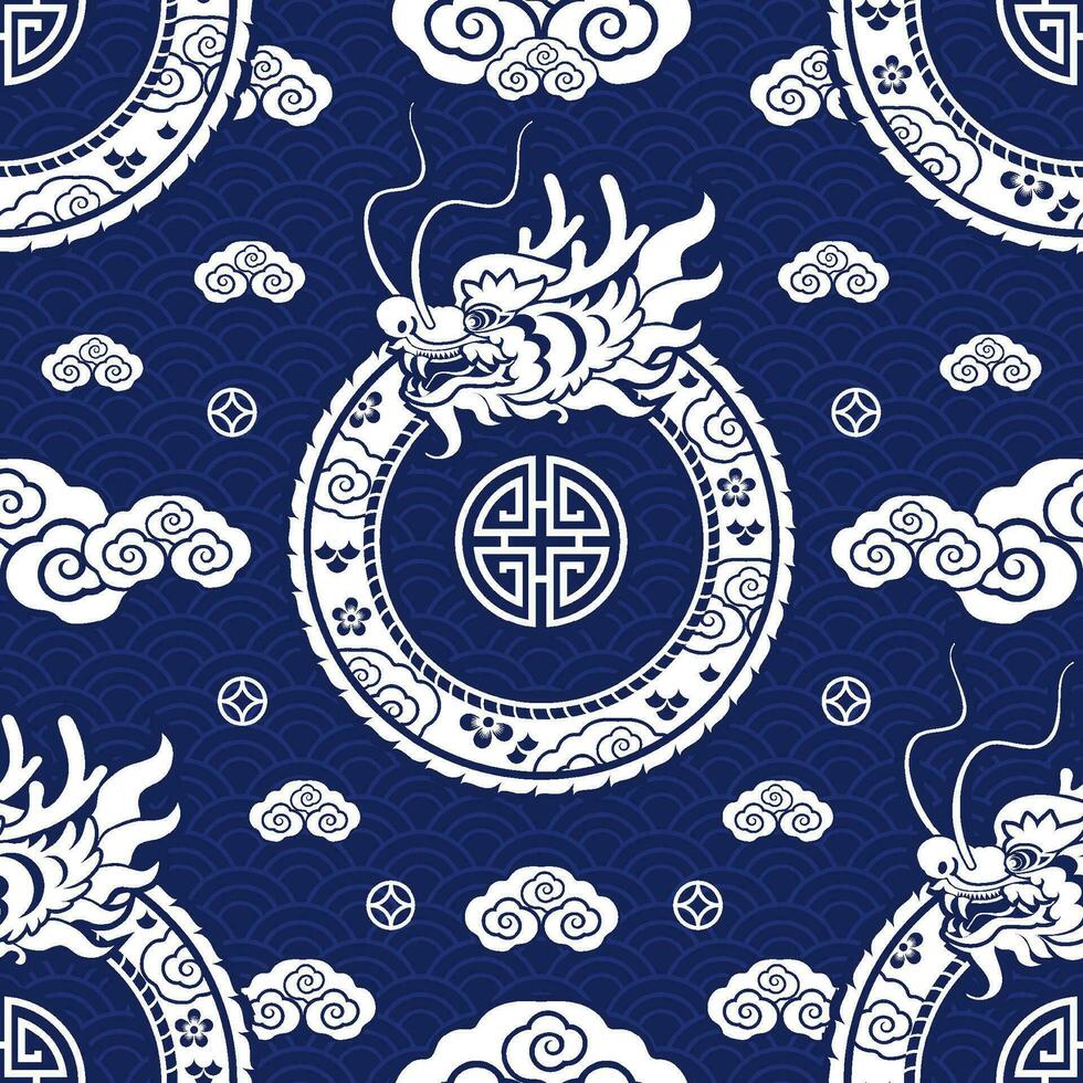 Seamless pattern happy chinese new year 2024 the dragon zodiac sign with asian elements paper cut style on color background. vector