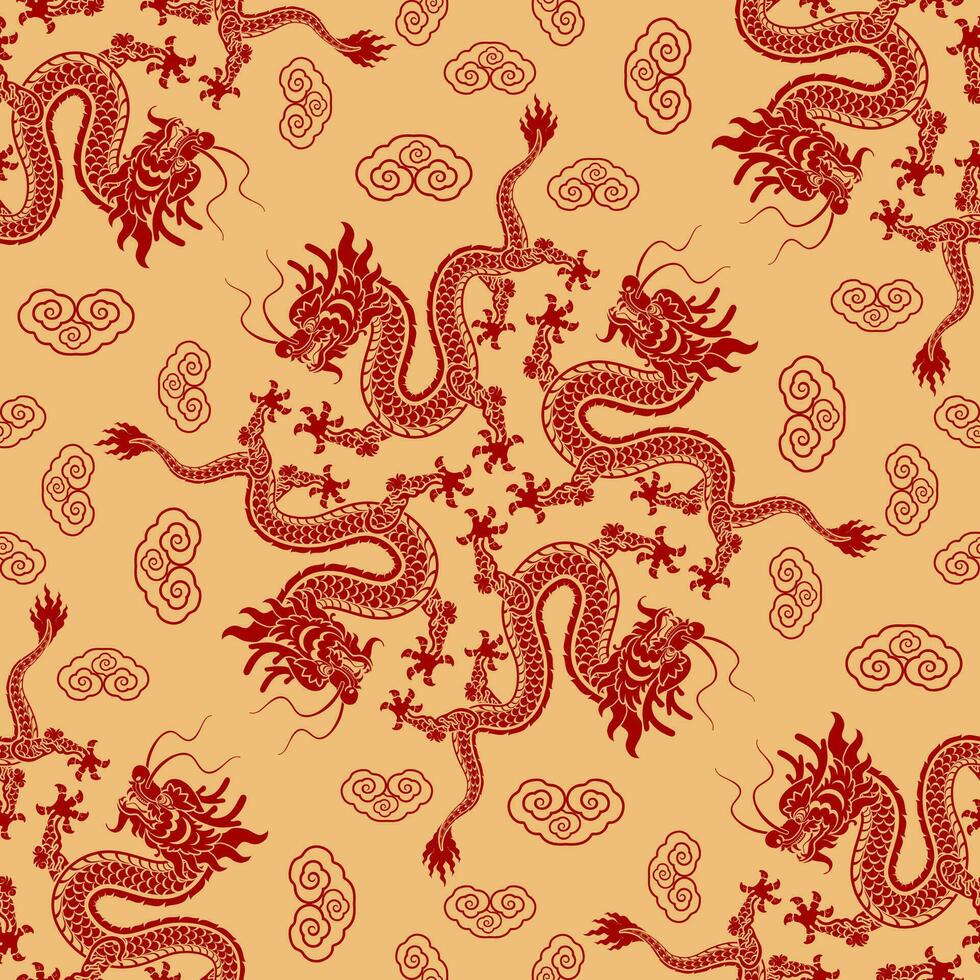 Seamless pattern happy chinese new year 2024 the dragon zodiac sign with asian elements paper cut style on color background. vector