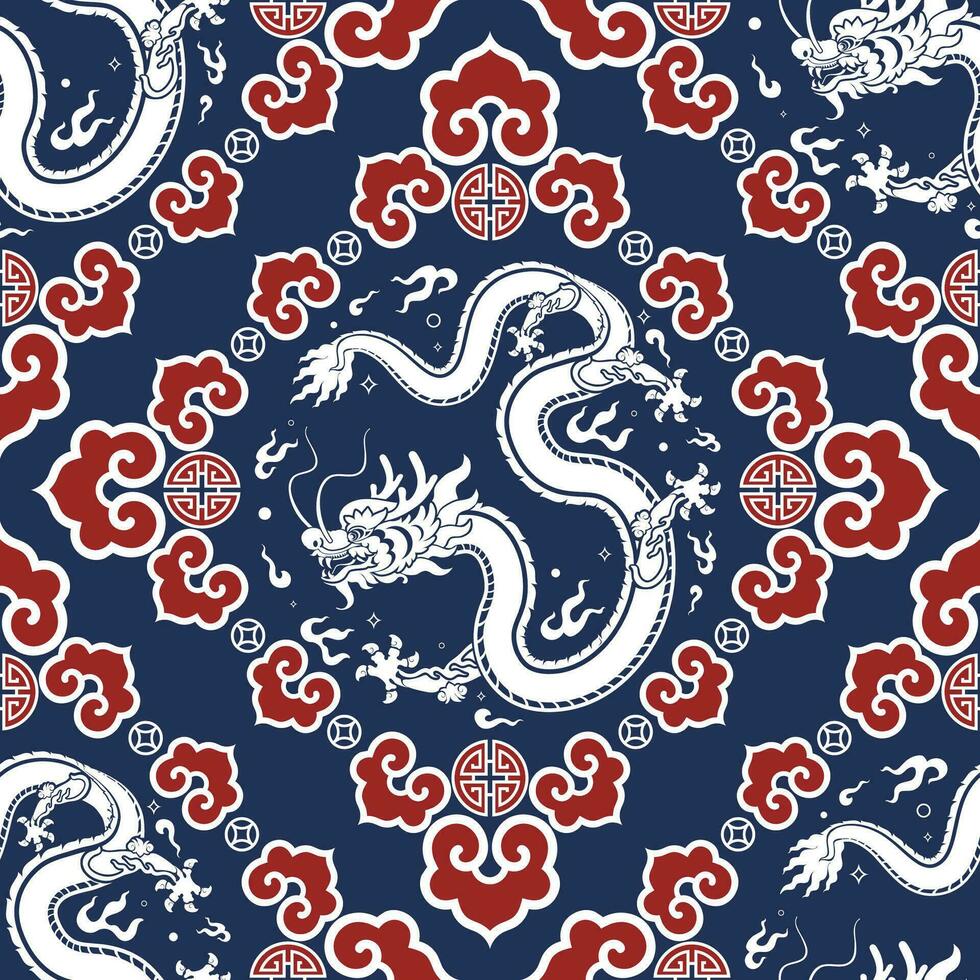 Seamless pattern happy chinese new year 2024 the dragon zodiac sign with asian elements paper cut style on color background. vector