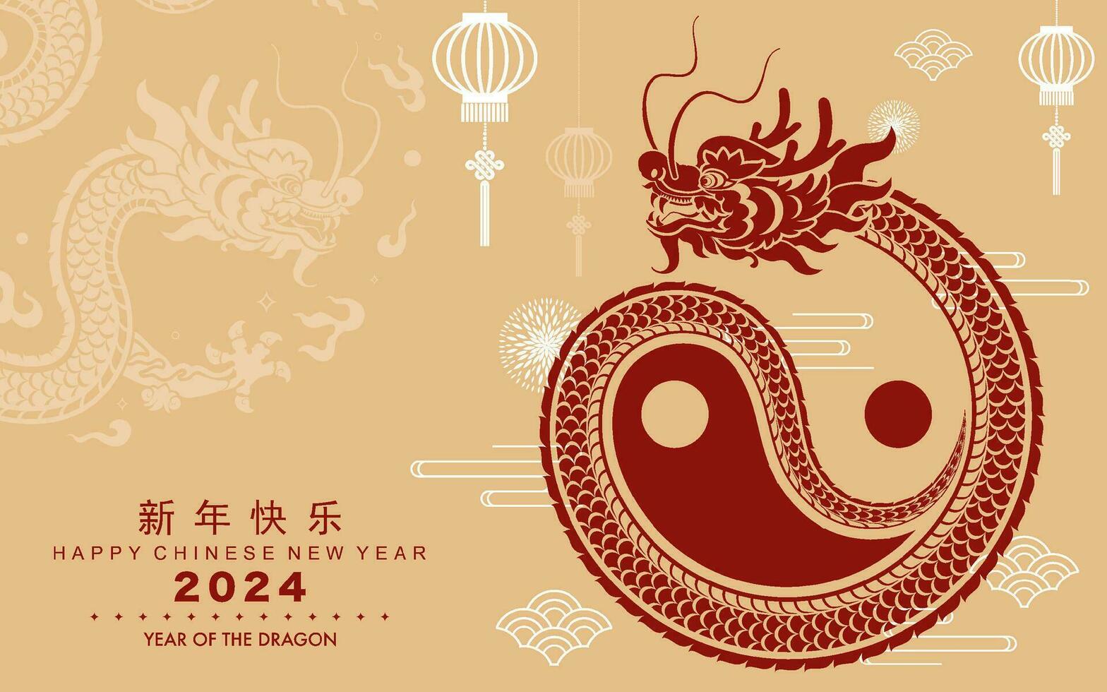 Happy chinese new year 2024 the dragon zodiac sign with asian elements  paper cut style on color background. vector