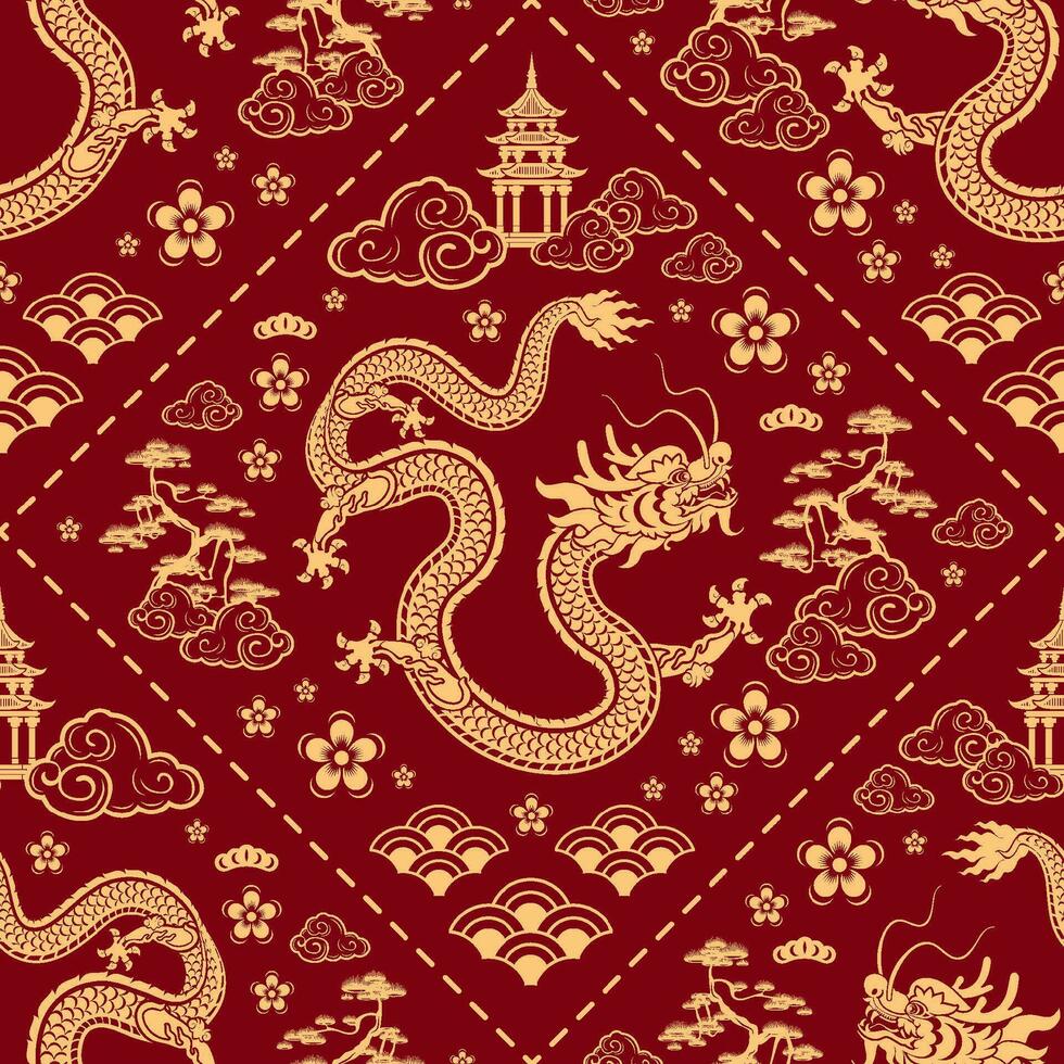 Seamless pattern happy chinese new year 2024 the dragon zodiac sign with asian elements paper cut style on color background. vector