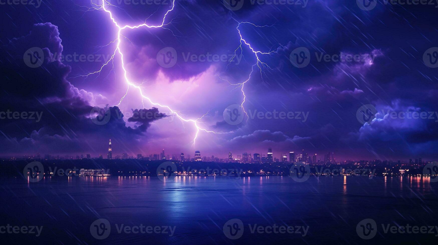 AI generated Lightning Storm with Thunder over A City. Extreme Weather Concept photo