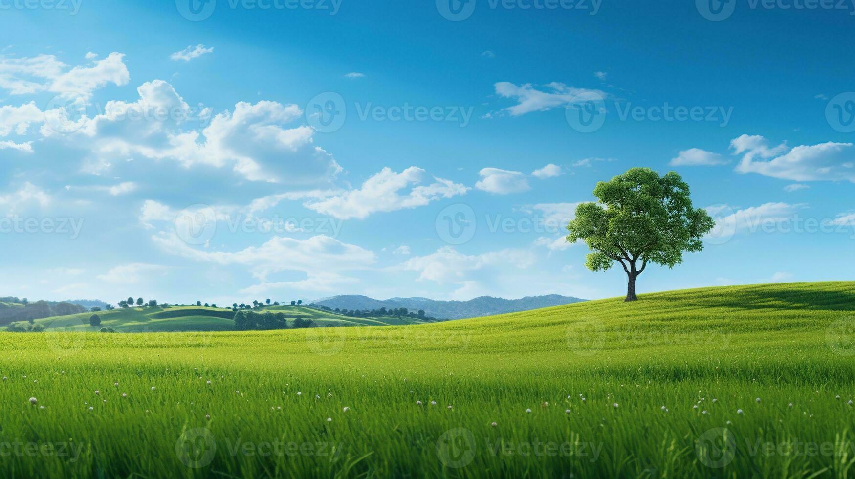 AI generated Green Planet Earth. Green Field, Peaceful Life, Blue Sky, Bright Day photo