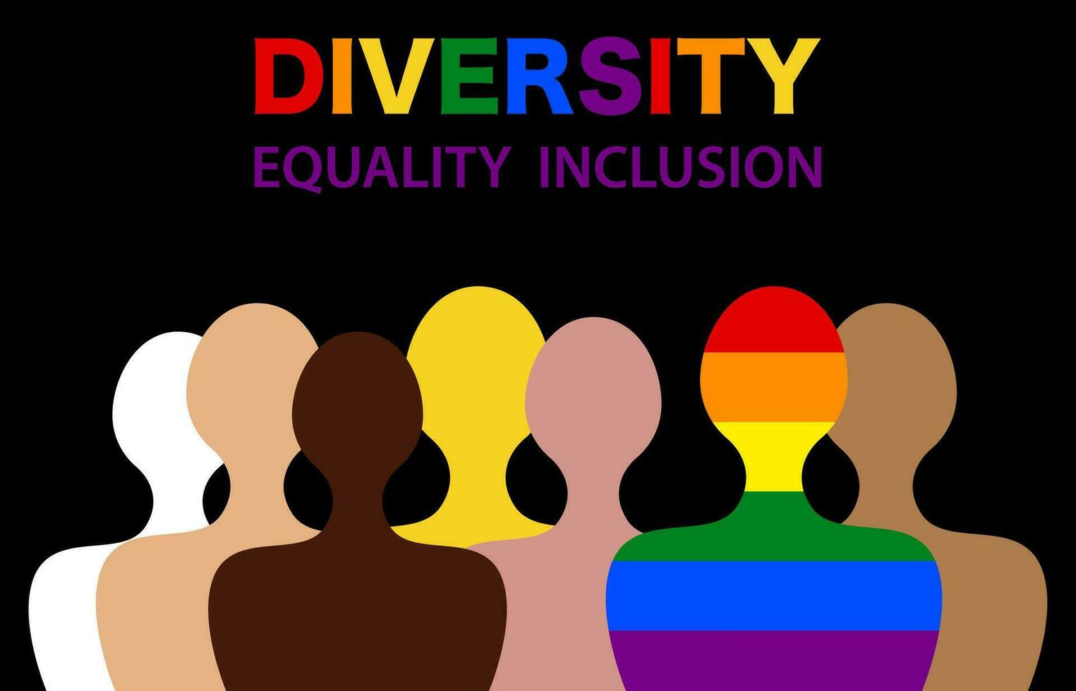 inclusión y diversidad. siluetas de personas y lgbtq colocar, bandera gay orgullo concepto para sitio web, vistoso arco iris firmar, vector ilustración aislado en negro antecedentes