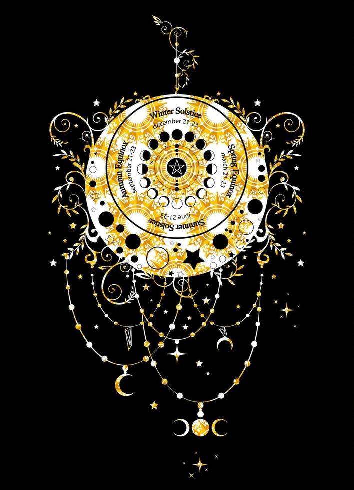 solstice and equinox circle, wheel of moon phases with dates and names. Gold luxury floral crescent moon in boho style. Lucky pagan oracle of the Wiccan witches, vector isolated on black background