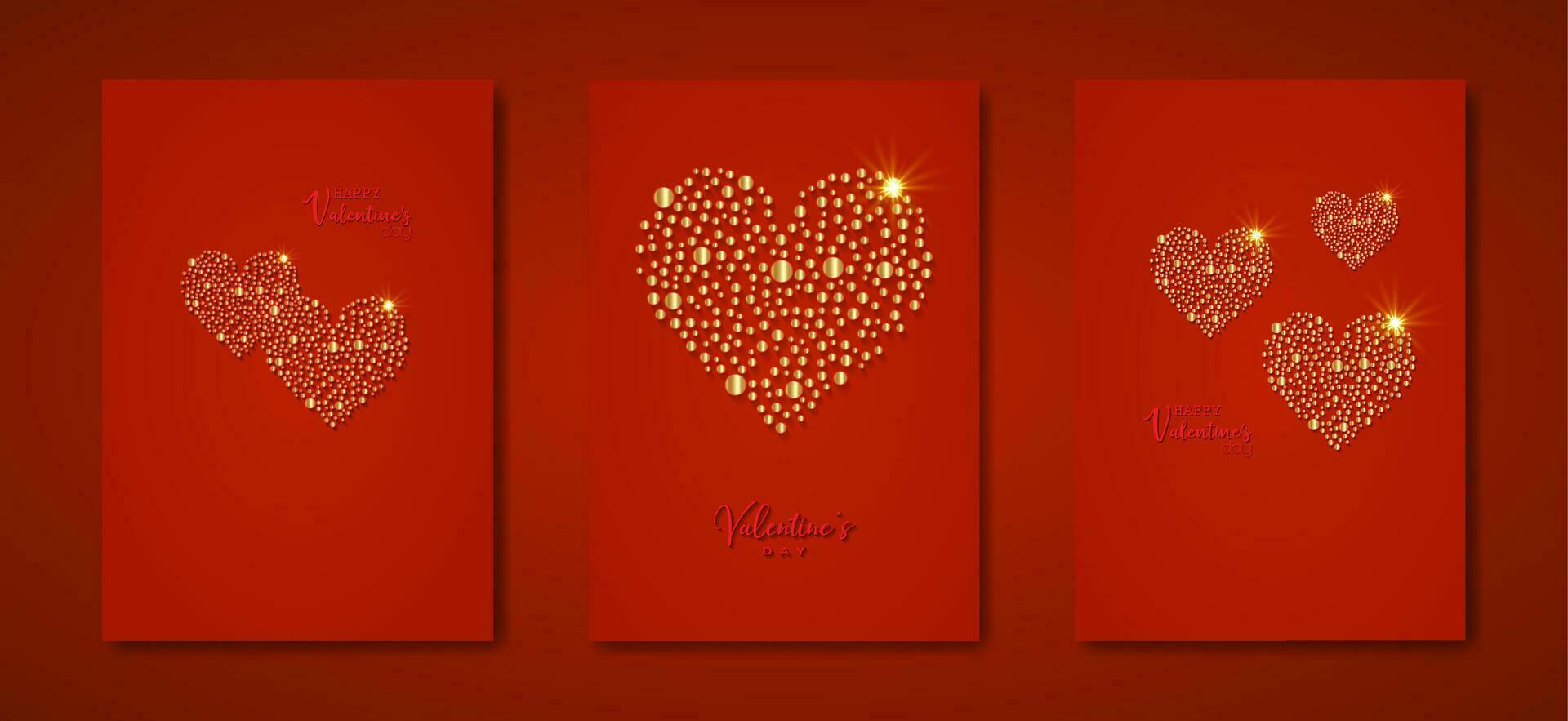 Happy Valentines day vector set greeting card. Gold glitter dots hearts on red background. Holiday poster with text, jewels. Concept for Valentines banner, flyer, party invitation, jewelry gift shop