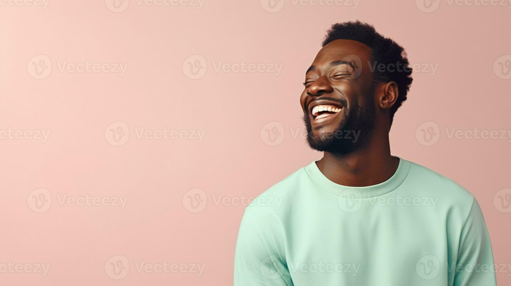 AI generated Laughing Black Man isolated on Minimalist Background. DEIB, Diversity, Equity, Inclusion, Belonging photo