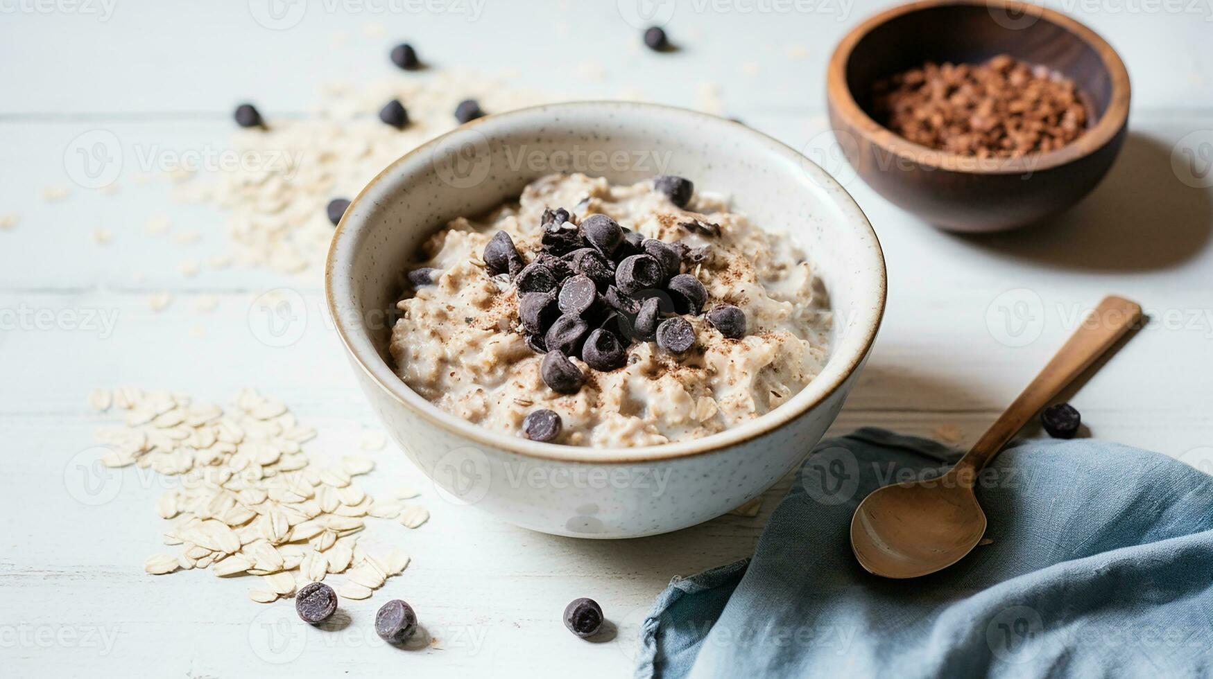 AI generated oat porridge with a drizzle of dark chocolate photo