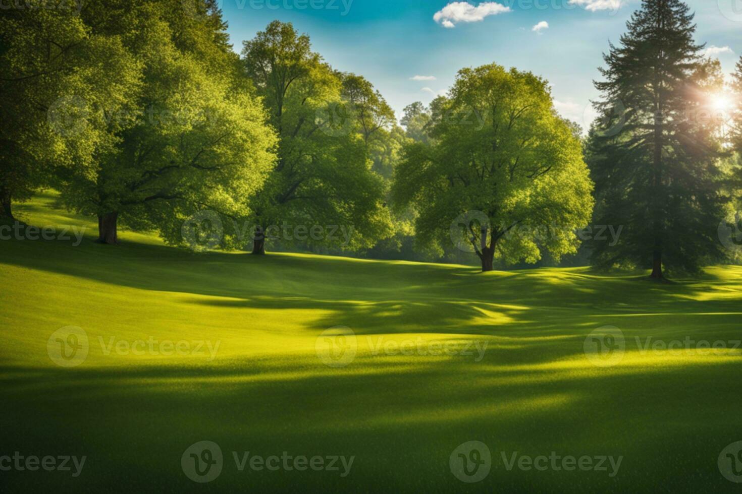 AI generated Beautiful blurred background image of spring nature with a neatly trimmed lawn surrounded by trees against a blue sky with clouds on a bright sunny. photo