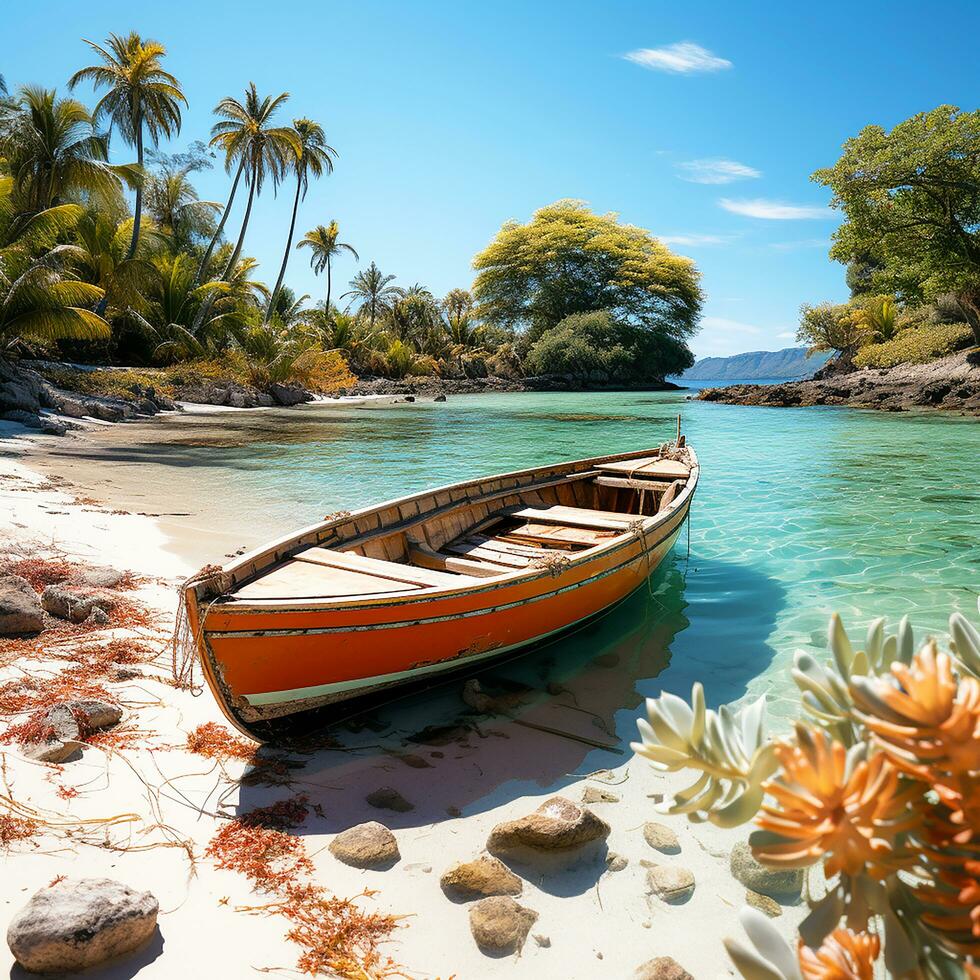 ai generado petróleo pintura de pequeño isla playa con palma arboles y bote, hermosa escena ver Arte retrato foto