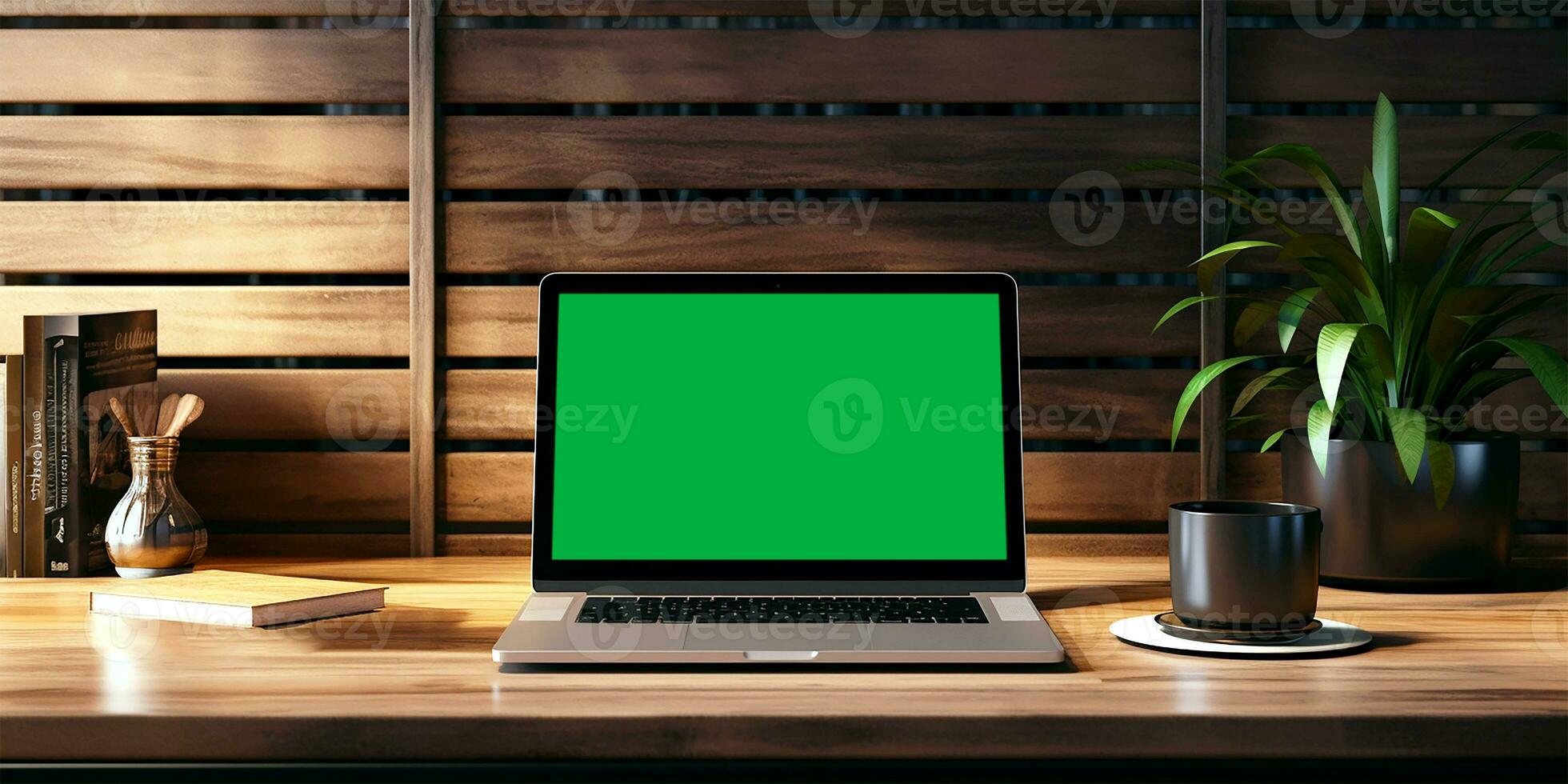 AI generated workstation setup, laptop on desk, horizontal view layout mockup with green screen laptop photo