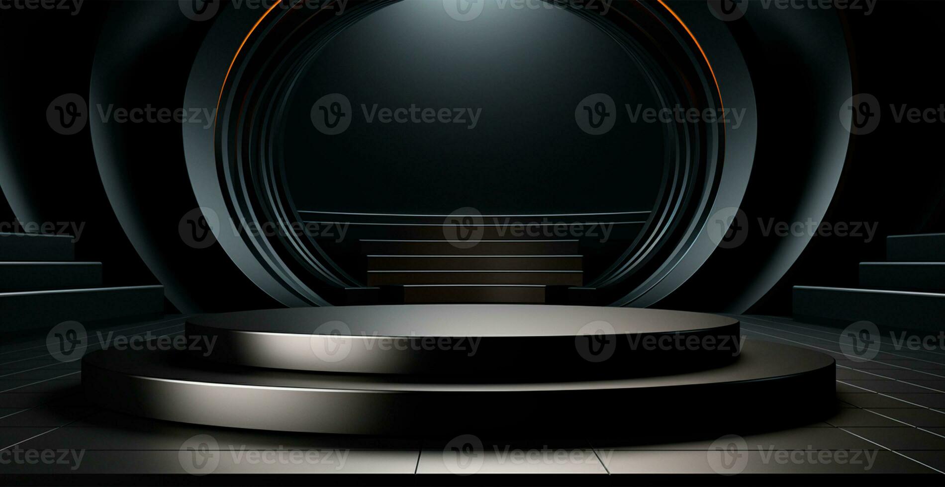 AI generated Empty podium pedestal, black background stand for product, goods. Shelf with product advertising - AI generated image photo
