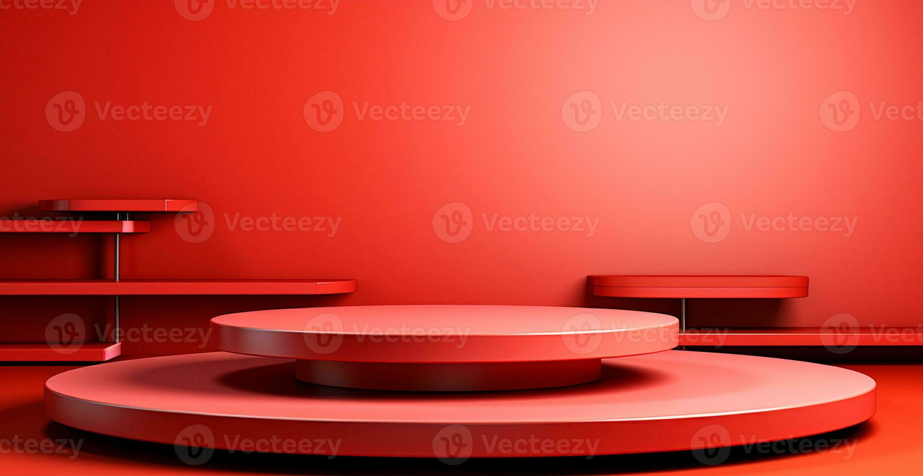 AI generated Empty podium pedestal, red background stand for product, goods. Shelf with product advertising - AI generated image photo