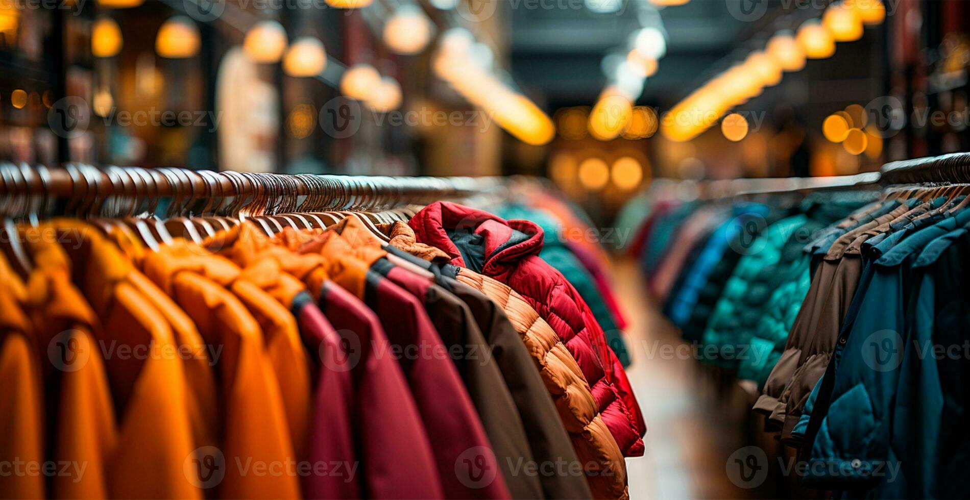 AI generated Clothing store, display cases and racks with clothes - AI generated image photo