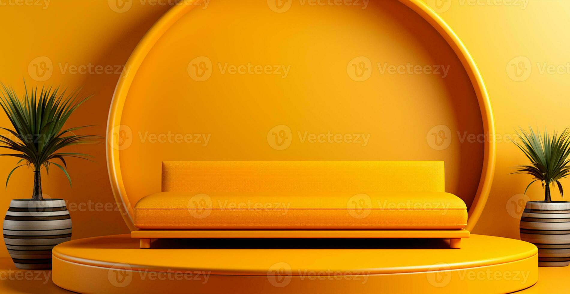 AI generated Empty podium pedestal, yellow background stand for product, goods. Shelf with product advertising - AI generated image photo