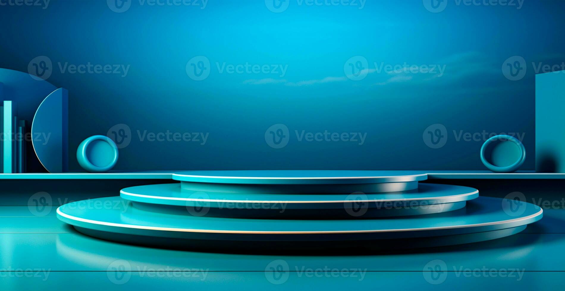 AI generated Empty podium pedestal, blue background stand for product, goods. Shelf with product advertising - AI generated image photo